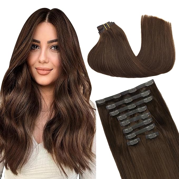 GOO GOO Clip in Hair Extensions Real Human Hair, Remy Human Hair Extensions Clip ins for Women, Natural Human Hair, 14inch 130g 9Pcs, 4A Chocolate Brown