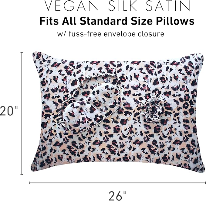 Satin Pillowcase Gift Set for Women – Brown Leopard, Silky Soft, Reduces Frizz | Includes Satin Eye Mask & Scrunchie | for Curly Hair, Sensitive Skin | Perfect