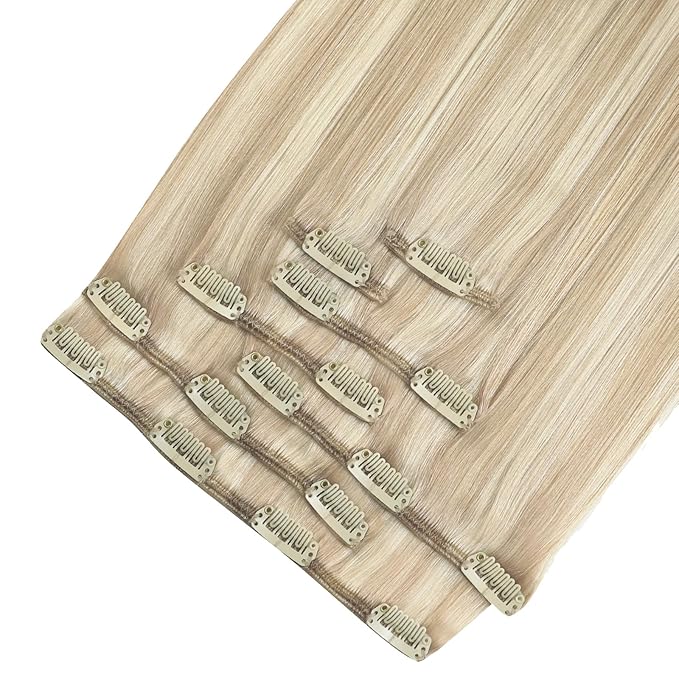 YoungSee Blonde Clip in Extensions Highlight Clip on Hair Extensions for Women Ash Mix Bleach Blonde Clip in Hair Extensions Real Human Hair Dayble Remy Hair 120G 7Pcs 24In