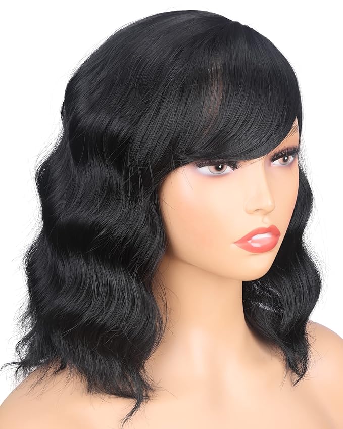 Short Wavy Wigs With Bangs 14 Inch Black Wigs For Black Women Natural Looking Soft Light Synthetic Hair Replacement Wigs Heat Resistant (14 inch,black)
