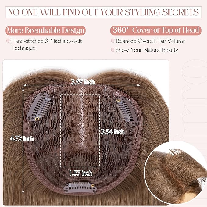 Hairro 100% Human Hair Topper No Bangs, Real Clip in Hair Hairpieces for Women, 3.94x4.72" Silk Base for Thinning Receding High Hairline, 10 Inch Dark Brown Middle Part