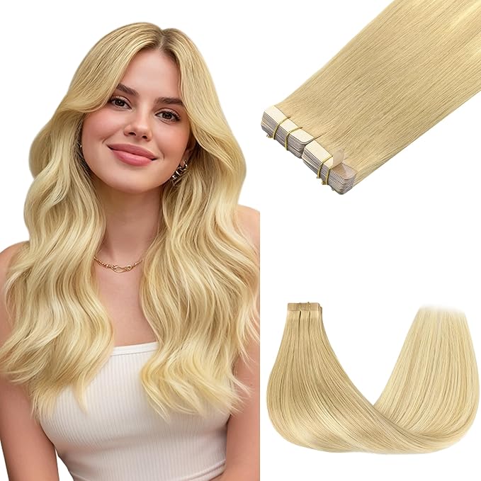 GOO GOO Tape in Hair Extensions Human Hair, 18AT60A Pearl Ash Blonde Highlights, 24inch 100g 40pcs, Skin Weft Seamless Invisible, Silky Straight with Thick Ends, Remy Human Hair