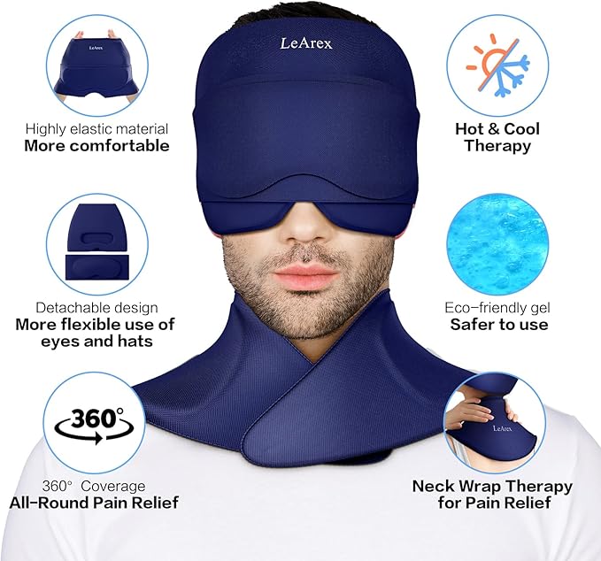 Migraine Relief Cap and Neck Ice Pack Wrap with Ice Eye Masks,3 in 1 Detachable Hot and Cold Therapy Headache Relief Cap for Headaches, Stiff Neck,Eye Fatigue, Tension and Pain Blue