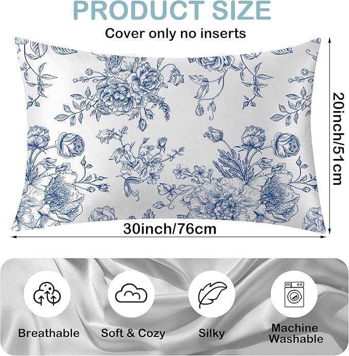 Blue Flowers Peonies Roses Satin Pillow Case Queen Size,Soft Pillowcases for Hair and Skin Similar to Silk,Pillowcases with Hidden Zipper Bedding Accessories,20X30 Inches,1 Pack