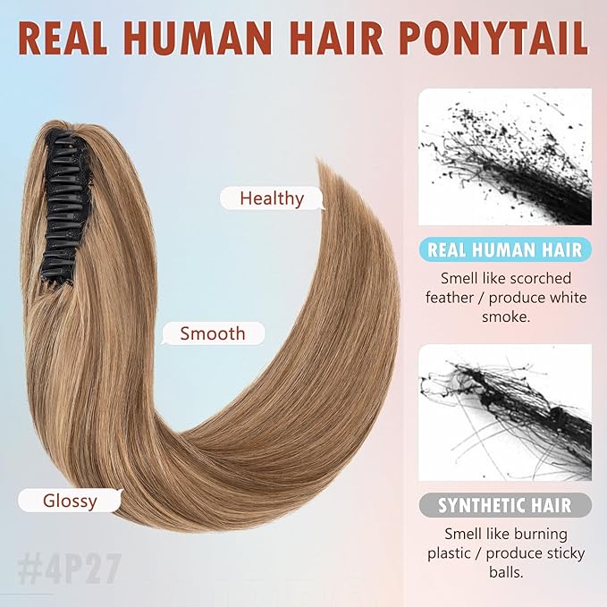 Hairro Claw Clip Ponytail Extension Human Hair Clip In Ponytail Jaw/Claw Jaw On Pony Tail Hairpieces For Women 22 Inch 120g #4P27 Medium Brown Mix Dark Blonde