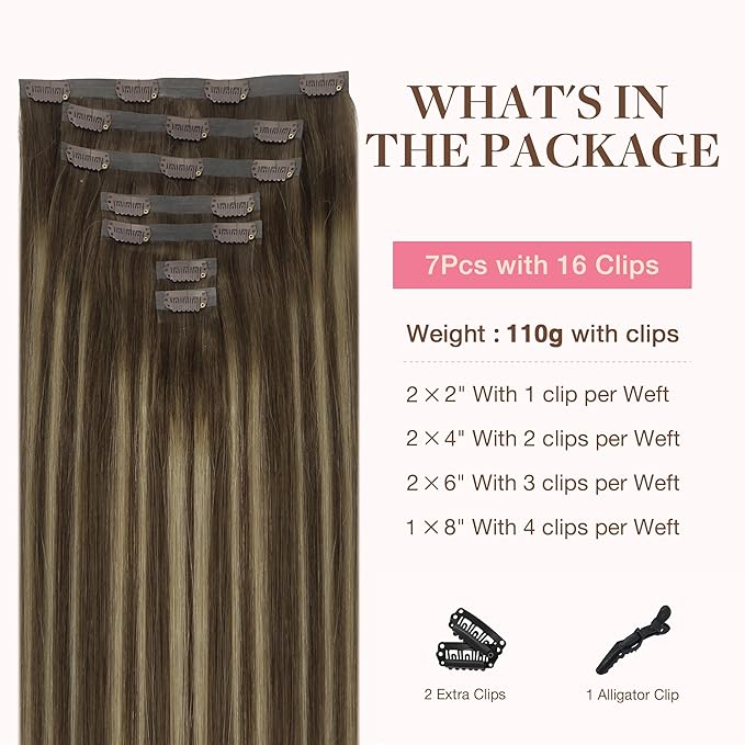 GOO GOO Clip in Hair Extensions Real Human Hair, Remy Human Hair Extensions Clip ins for Women, Natural Human Hair, 12inch 85g 7Pcs, #4/26/4 Balayage Chocolate Brown to Honey Blonde
