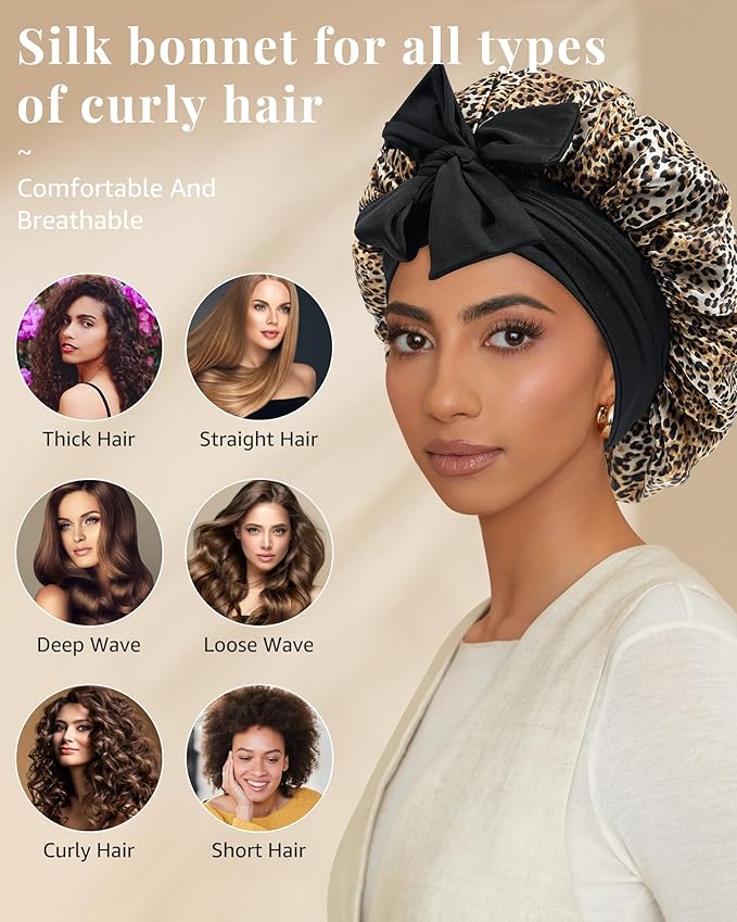 AWAYTR Silk Bonnet for Sleeping Women 100% Mulberry Silk Bonnet with Band 2 Layer Reversible Hair Bonnet Sleeping Hair Wrap (Leopard/Black)