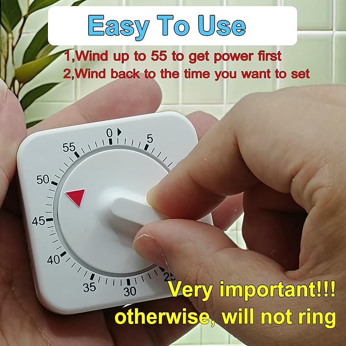 Square 60 Minute Mechanical Kitchen Timer, Easy to Use Visual Cooking Timer with Strong Magnet and Loud Alarm, Manual Countdown Timer for Classroom, Home, Study and Cooking (2 Pack)