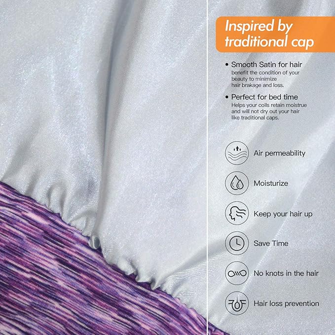 Silk Satin Lined Bonnet Sleep Cap - Adjustable Stay on All Night Hair Wrap Cover Slouchy Beanie for Curly Hair Protection for Women and Men - Heather Purple