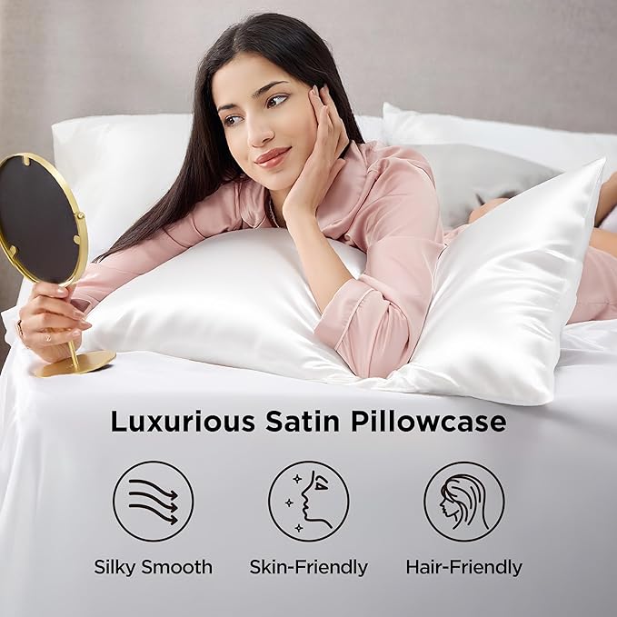 Bedsure Satin Pillowcase Standard Set of 4 - Pure White Silky Pillow Cases for Hair and Skin 20x26 Inches, Pillow Covers with Envelope Closure, Gifts for Women Men