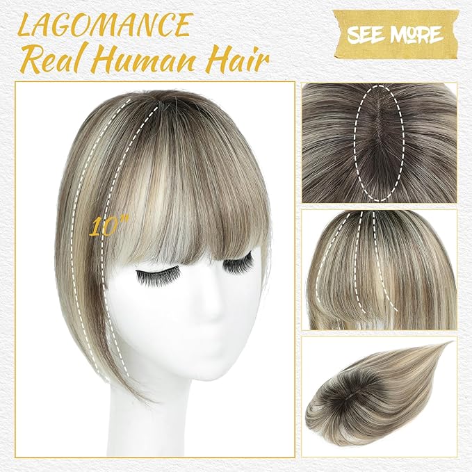 100% Real Human Hair Topper for Women Human Hair Pieces for Women 10 inch Ombre Light Brown with Blond Highlight Hair Hoppers with Bangs Swiss Base Clip in Bangs for Thinning Hair2T613