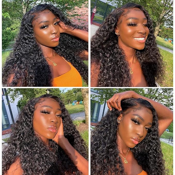 Lace Front Human Hair Wigs - Brazilian Virgin Water Wave Curly 4X4 Closure Wig for Black Women, 180% Density, Natural Color With Baby Hair (20 Inch)