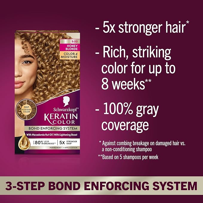 Schwarzkopf Keratin Permanent Hair Dye Cream, 9.0 Honey Blonde, Professional Quality Color for Up to 100% Gray Coverage, Bond Enforcing System