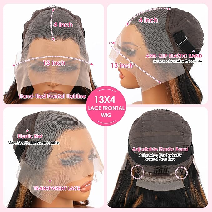 Highlight Wig Human Hair Straight Lace Front Wigs Human Hair Pre Plucked 13x4 Ombre Lace Front Wig Human Hair for Women 1B/30 Black with Brown Balayage Glueless Wigs Human Hair 200% Density 22 Inch