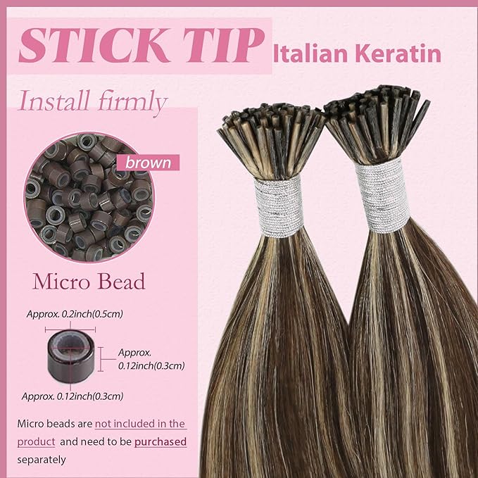 YoungSee I Tip Hair Extensions Highlight I Tips Hair Extensions Real Human Hair Dark Brown Highlights Blonde Tip Hair Extension for Women 16 Inch 50g 80s