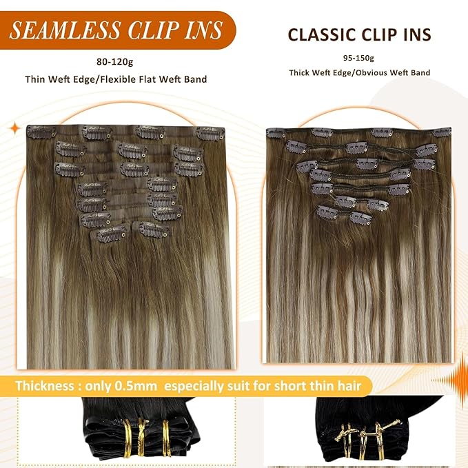 Full Shine Balayage Clip in Hair Extensions Real Human Hair Chestnut Brown to Platinum Blonde Hair Extensions Clip ins with PU Weft for Women 20 Inch 120 G 8 PCS