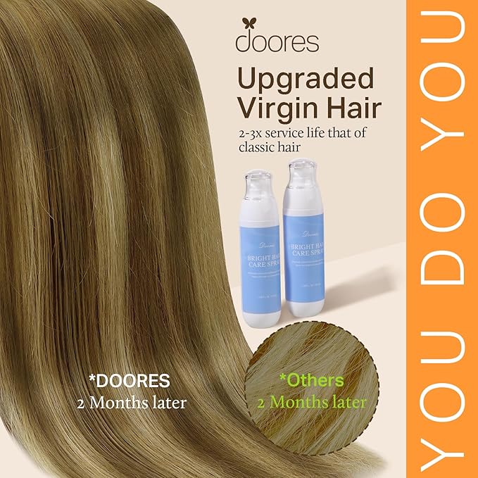 DOORES Human Hair Clip in Extensions, Medium Brown Highlighted Dirty Blonde 7pcs 110g 22 Inch, Seamless With Skin Weft Remy Hair Extensions Invisible Edge