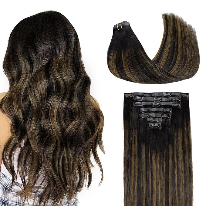 GOO GOO Clip in Hair Extensions Real Human Hair, Remy Human Hair Extensions Clip ins for Women, Natural Human Hair, 24inch 120g 7Pcs, 1B/6/1B Balayage Natural Black to Chestnut Brown