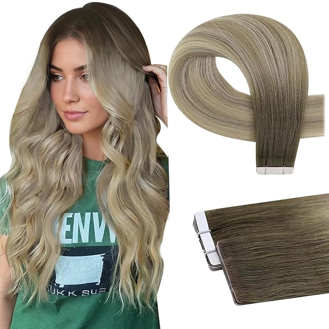 Full Shine Insert Tape in Hair Extensions Color 4/7/80 Medium Brown and Blonde Seamless Injection Tape in Extensions Human Hair 20Inch Soft Remy Real Extensions 25Gram 10Pcs for Wedding