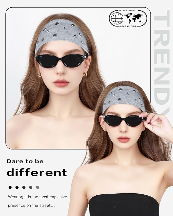 Grommet Headband for Women, Little Star Grey 23cm Hollow Out Elastic Hair Band, Eyelets Punk Grunge Stylish Hairband