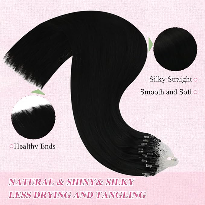 YoungSee Micro Bead Hair Extensions Real Human Hair Black Microlink Hair Extensions Human Hair Jet Black Microbead Hair Extension 16 Inch 50s/50g Micro Ring Hair Extensios #1 for Wedding