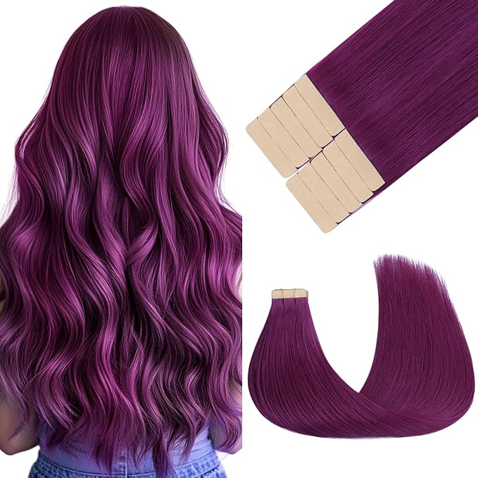 GOO GOO Tape in Hair Extensions Human Hair, Violet, 14inch 25g 10pcs, Colored Tape ins Human Hair Extensions, Silky&Soft Invisible Tape Ins, Hair Highlighted for Party