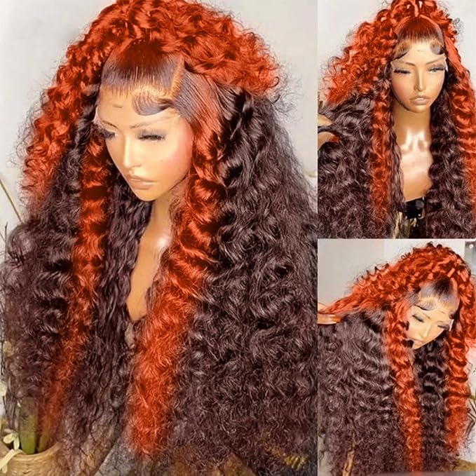 250 density Ginger Deep Wave Lace Front Wigs Human Hair Pre Plucked Hairline Glueless Wigs for Women 13x6 HD Lace Front Wigs Ginger Orange Curly Human Hair Wig Brazilian Hair 30 Inch