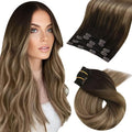 Moresoo Short Hair Extensions Clip ins Balayage Double Weft 12 inch Clip in Hair Extensions Real Human Hair for Women Ombre Dark Brown to Golden Brown with Blonde 5pcs/80g