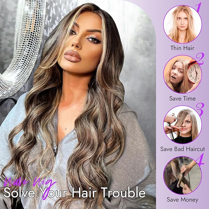Dark Brown Mixed Blonde Wig for Women Long Wavy 4x1 Lace Natural Hairline Glueless for Beginners Middle Part Synthetic for Daily Party Use 26Inch