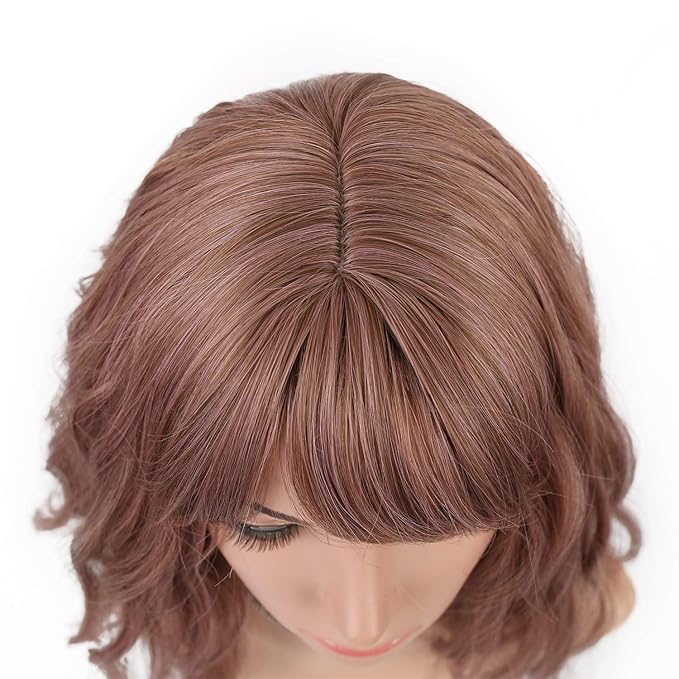 FAELBATY Brown Wig With Bangs Synthetic Cosplay Bob Wig loose wave Wig for women Costume Wigs (12" Dark Purple Color)