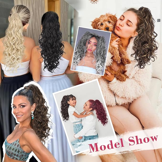 QGZ 20" Wavy Ponytail Extension, Claw Clip Ponytail Hair Extension, Natural Synthetic Hairpiece for Women Daily Use(Blonde with Light Blonde Ends)