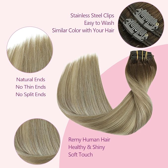 PINKPEARL Clip in Human Hair Extensions #3/8/22 Balayage Walnut Brown to Ash Brown and Golden Blonde Clip in Hair Extensions Real Human Hair 7pcs 120g 20inch Human Hair Extensios Clip ins(#3/8/22-20)