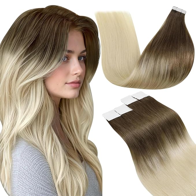 LaaVoo Tape in Hair Extensions Human Hair Light Brown Fading to Light Blonde Ombre Hair Extensions Tape in Real Hair Tape on Extensions Soft Hair for Women 14inch 20pcs 50g
