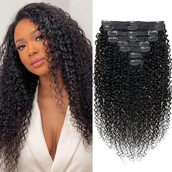20 inch 3c 4a Kinky Curly Clip ins Real Human Hair for Full Head Full Curly Clip on Hair Extensions Natural Black Color Clip in Hair For Women 120g/pack(20inch,#1B)