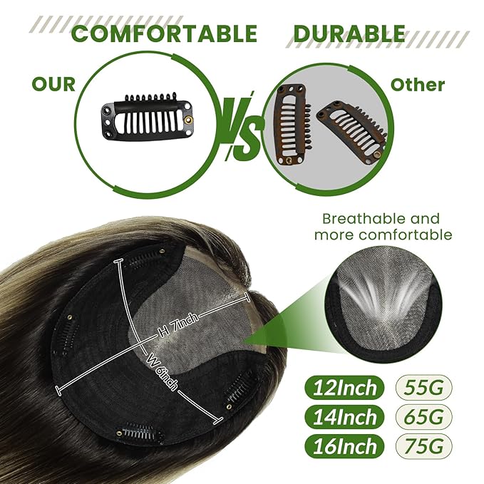 HAIR Toppers for Women Real Human Hair 150 Density 12 inch 55 grams 6x7 inch Natural Black to Chocolate Brown and Caramel Blonde lace Silk Base Clip in Hair Pieces for Women（#1B427 12inch）