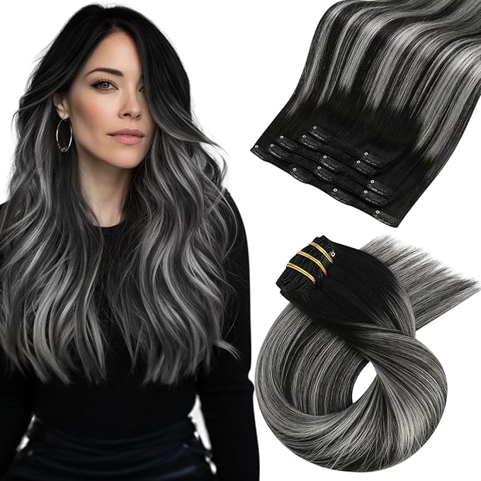 Moresoo Clip in Hair Extensions Human Hair Black to Silver Ombre Hair Extensions Clip ins Long Balayage Natural Black to Silver Grey Double Weft for Women Straight Remy Human Hair 80g/5pcs 20 Inch