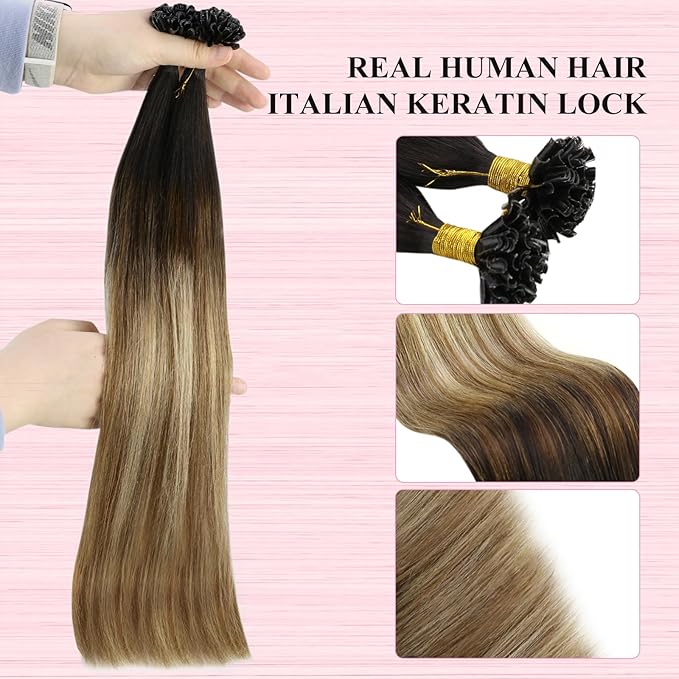 YoungSee U Tip Hair Extensions Brown Balayage U Tip Hair Extensions Human Hair Keratin Hair Extension Real Human Hair Ombre Brown to Blonde Utip Hair Extension Human Hair 22In 1g/s 50g