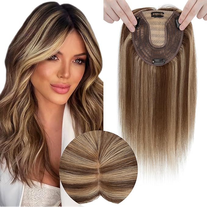 Hair Toppers for Women Real Human Hair No Bangs, 13 * 15 cm Larger Silk Base 150% Density Clip In Topper Hairpieces, Wiglet Top Pieces Add Volume -12 Inch 4P27 Medium Brown&Dark Blonde