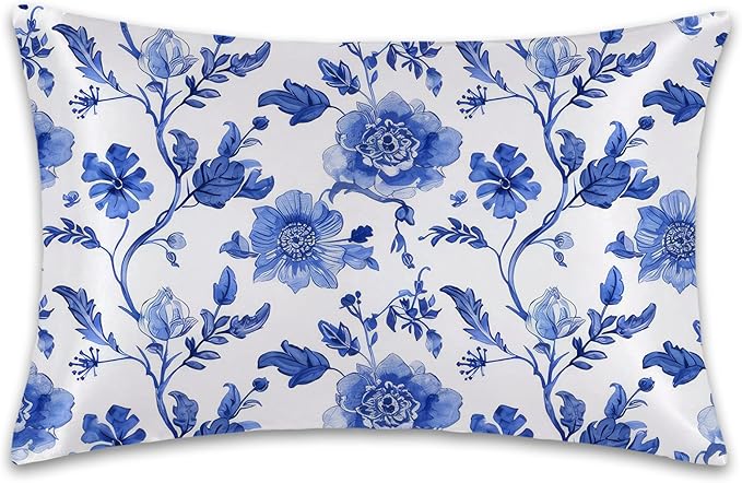 Vintage Blue Floral Satin Pillow Case Queen Size,Soft Pillowcases for Hair and Skin Similar to Silk,Pillowcases with Hidden Zipper Bedding Accessories,20X30 Inches,1 Pack
