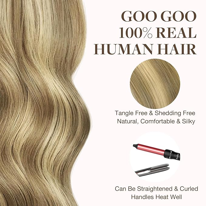 GOO GOO Tape in Hair Extensions Human Hair, 16/22 Light Blonde Highlighted Golden Blonde, 24inch 50g 20pcs, Skin Weft Seamless Invisible, Silky Straight with Thick Ends, Remy Human Hair