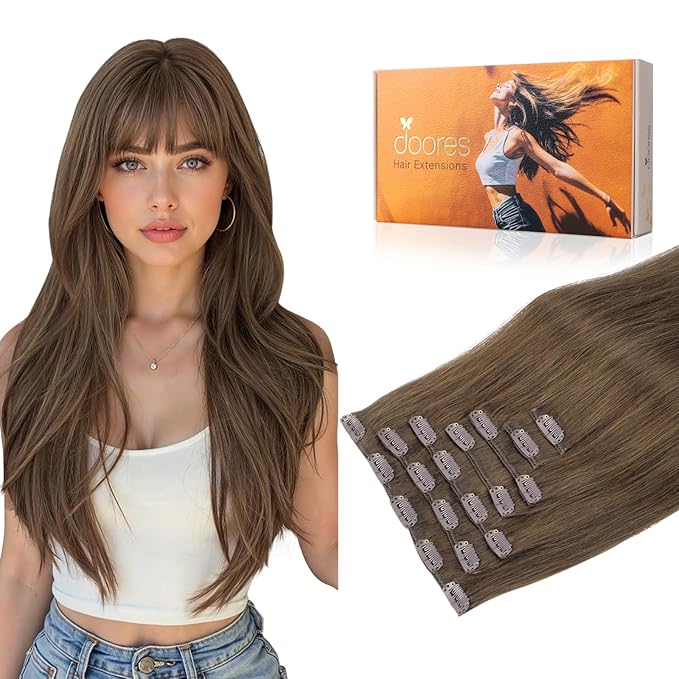 DOORES Human Hair Extensions Clip Ins, Light Ash Brown 12 Inch 7pcs 80g, Thick Human Hair Extensions Natural Thick Silky Straight Weft