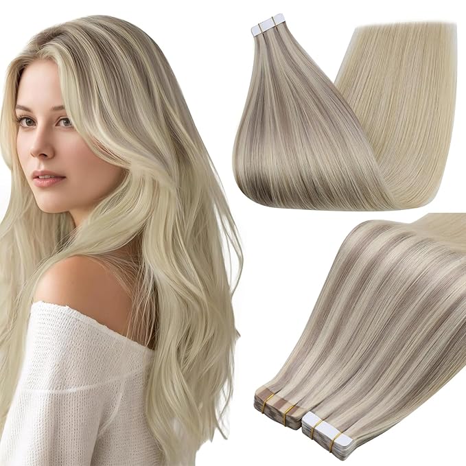 Full Shine Tape Hair Extensions 20Inch Tape in Extensions 18 Ash Blonde Ombre 22 and 60 Platinum Blonde Real Human Hair Extensions 20Pcs Seamless Invisible Human Hair 50G for Wedding