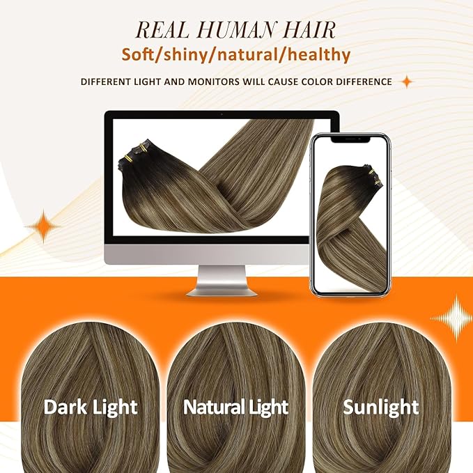 Full Shine Hair Clip in Extensions Balayage Seamless Hair Extensions Clip ins Ombre Brown to Walnut Brown Mix Honey Blonde 20 Inch Straight Hair Extension 8 PCS 120 G