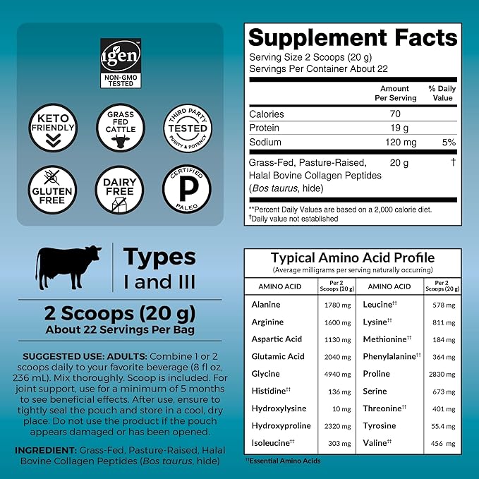 Viva Naturals Hydrolyzed Collagen Peptides Powder, 1 lb – Grass-Fed & Pasture-Raised Bovine Collagen, Type I & III, Unflavored Powder for Hair, Skin & Nails
