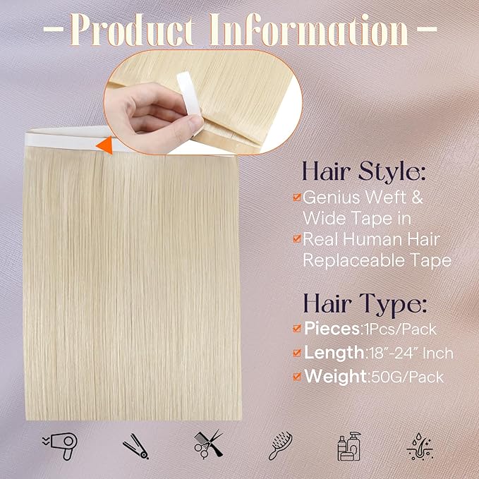 Full Shine Blonde Hair Extensions Human Hair Color 60 Blonde Tape in Extensions PU Long Genius Weft Hair Extension Wide Tape Invisible Adhesive 50G 18Inch Cuticles Aligned Bridal Hairstyles Natural