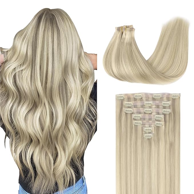 GOO GOO Clip in Hair Extensions Real Human Hair, Remy Human Hair Extensions Clip ins for Women, Natural Human Hair, 20inch 110g 7Pcs, 17A/60A Ash Blonde Highlighted Platinum Blonde