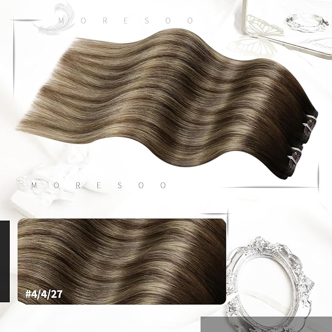 Moresoo Human Hair Clip in Extensions Balayage Dark Brown to Caramel Blonde with Dark Brown Remy Hair Extensions Clip in Straight Full Head 120g/7pcs 18 inch
