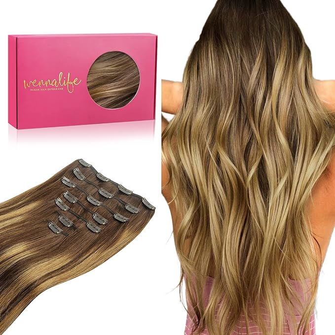 WENNALIFE Clip in Hair Extensions Real Human Hair, 22 Inch 120g 7pcs Balayage Chocolate Brown to Caramel Blonde Remy Hair Double Weft Straight Natural Extensiones De Cabello Humano Con Clip Ins