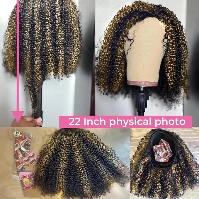 Half Wig Human Hair 250% Density Ombre Kinky Curly Wear Go Glueless Wigs Human Hair Balayage Highlight 3 In 1 Half Wig With Adjustable String Flip Over Beginner Friendly Invisible Hairline