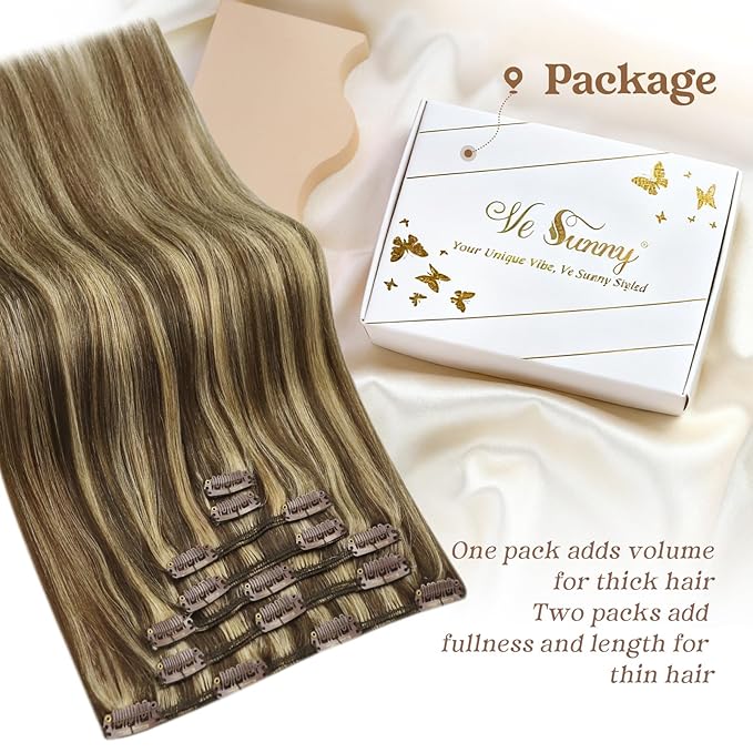 Ve Sunny Human Hair Clip in Extensions Brown Highlights Clip in Hair Extensions Real Human Hair Brown with Blonde Thick End Remy Hair Clip Extensions for Women 120g 16inch 7Pcs